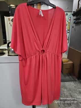 Coral Ring-Front V-Neck Dress